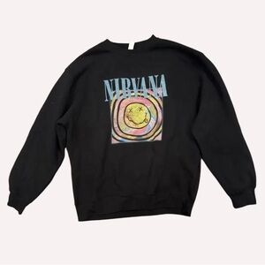 NIRVANA Black Crewneck with Pastel Smiley Graphic